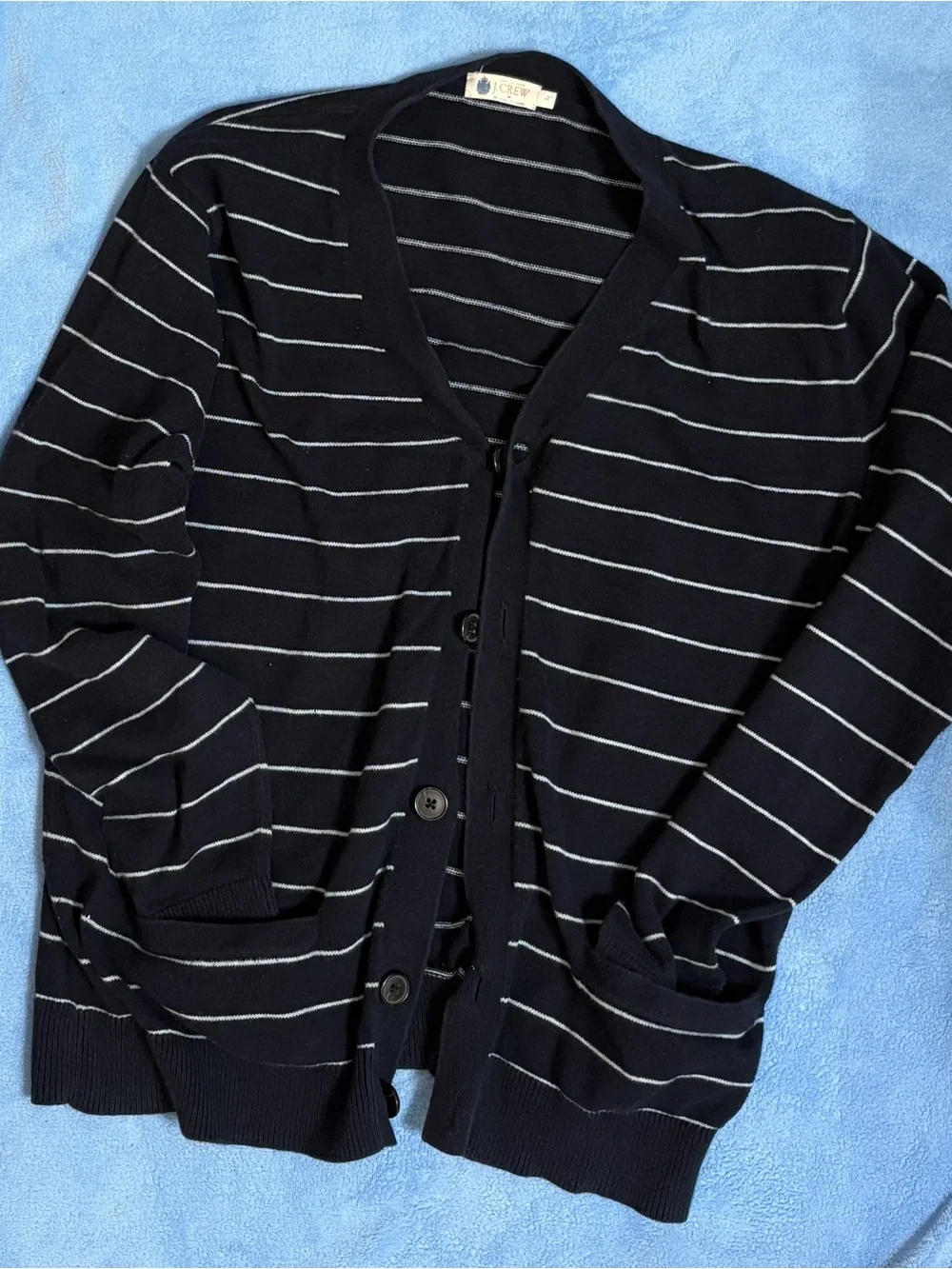 J. Crew Men's Navy Cardigan with Thin White Stripes